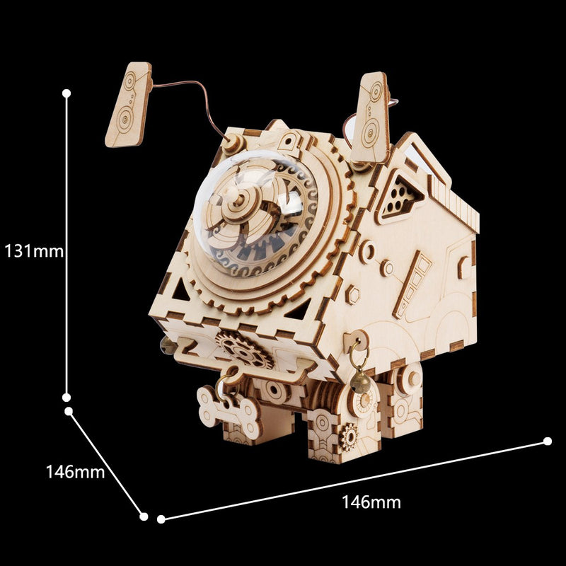 Dog Steampunk Music Box 3D Wooden Model with Gears