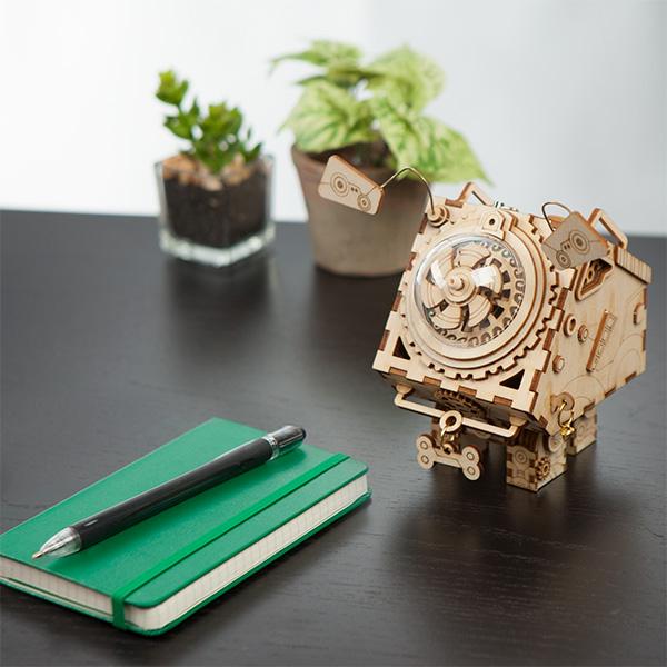 Dog Steampunk Music Box 3D Wooden Model with Gears