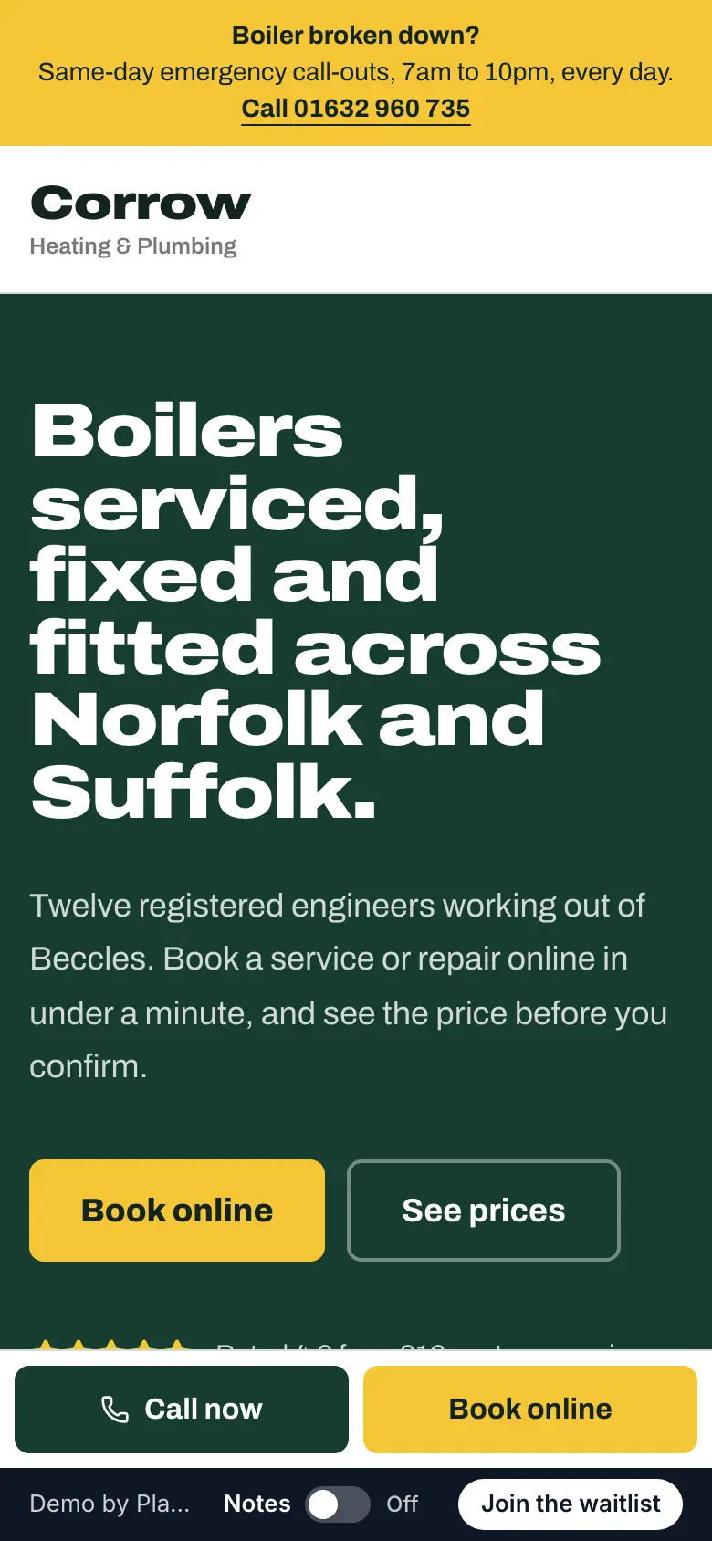 Corrow Heating & Plumbing demo site on a phone